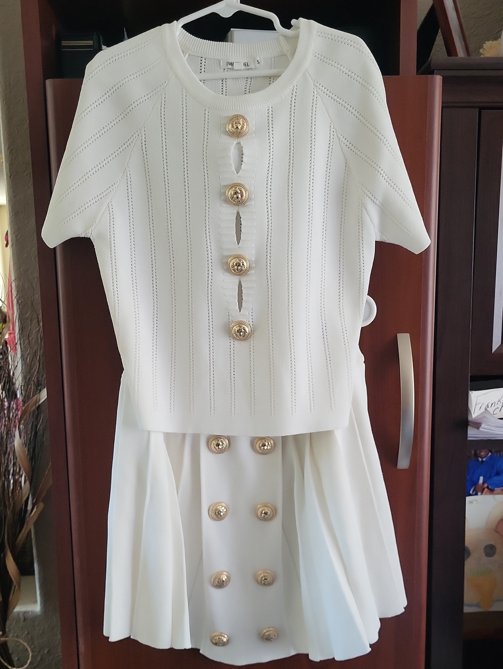 Elegant White Kids Matching Set with Gold Buttons